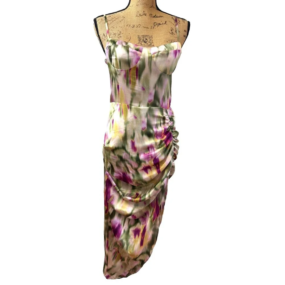 CIDER Watercolor Satin Ruched Asymmetrical Bodycon Midi Dress – Size Small